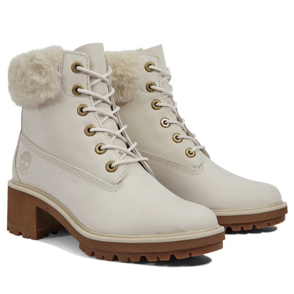 TIMBERLAND Kinsley Leather Heeled Boots Faux Fur Collar Cream Lace Up Size 8.5